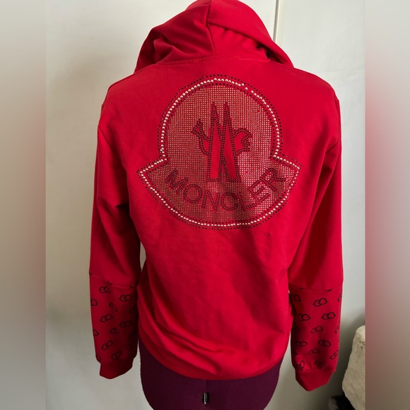 Moncler Women's Red Hoodie w/ gem Logo Detail, Size 16/Large. A few missing gems - Picture 2 of 6